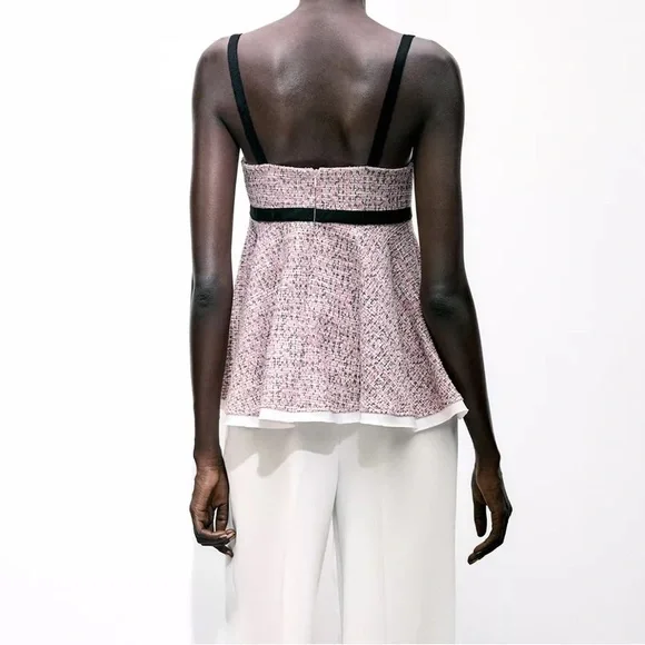 Zara Combination Structure Top Pink Black Tweed with Bow Ref 3644/172/620 NWT - Picture 4 of 13